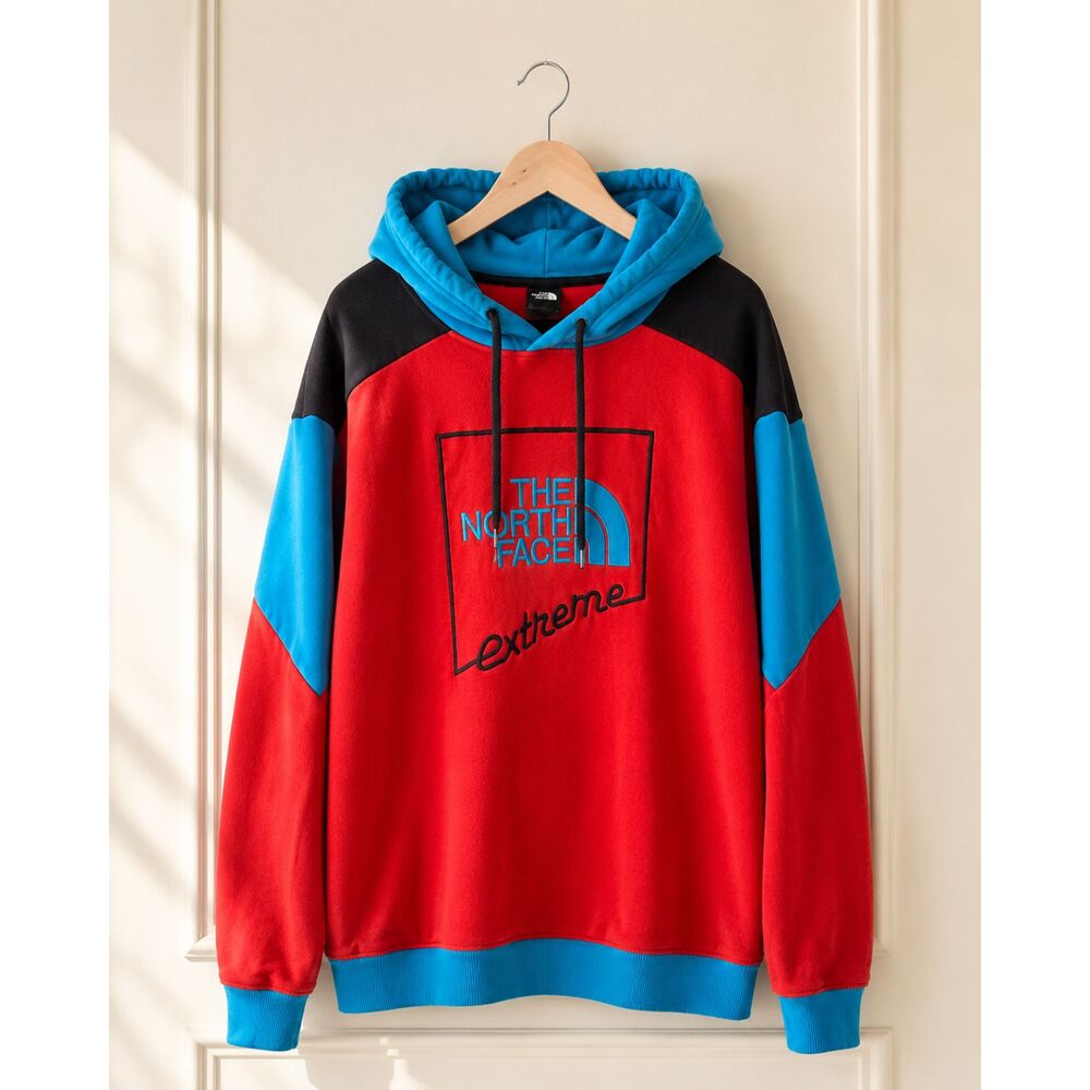 The North Face Extreme Hoodie Men’s XL Red Blue Colorblock Embroidered Logo